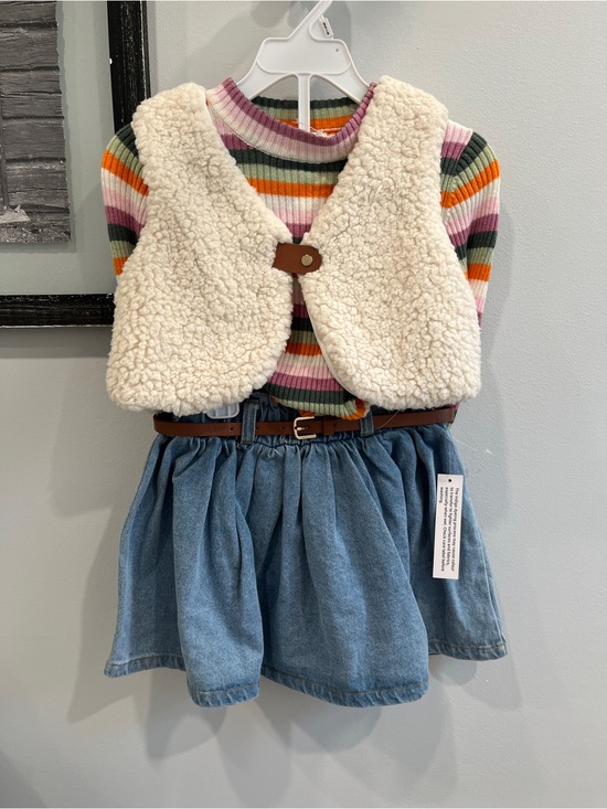 Cynthia Rowley Other - Cynthia Rowley Cream Sherpa Vest with Multicolor Striped Top & Denim Skirt